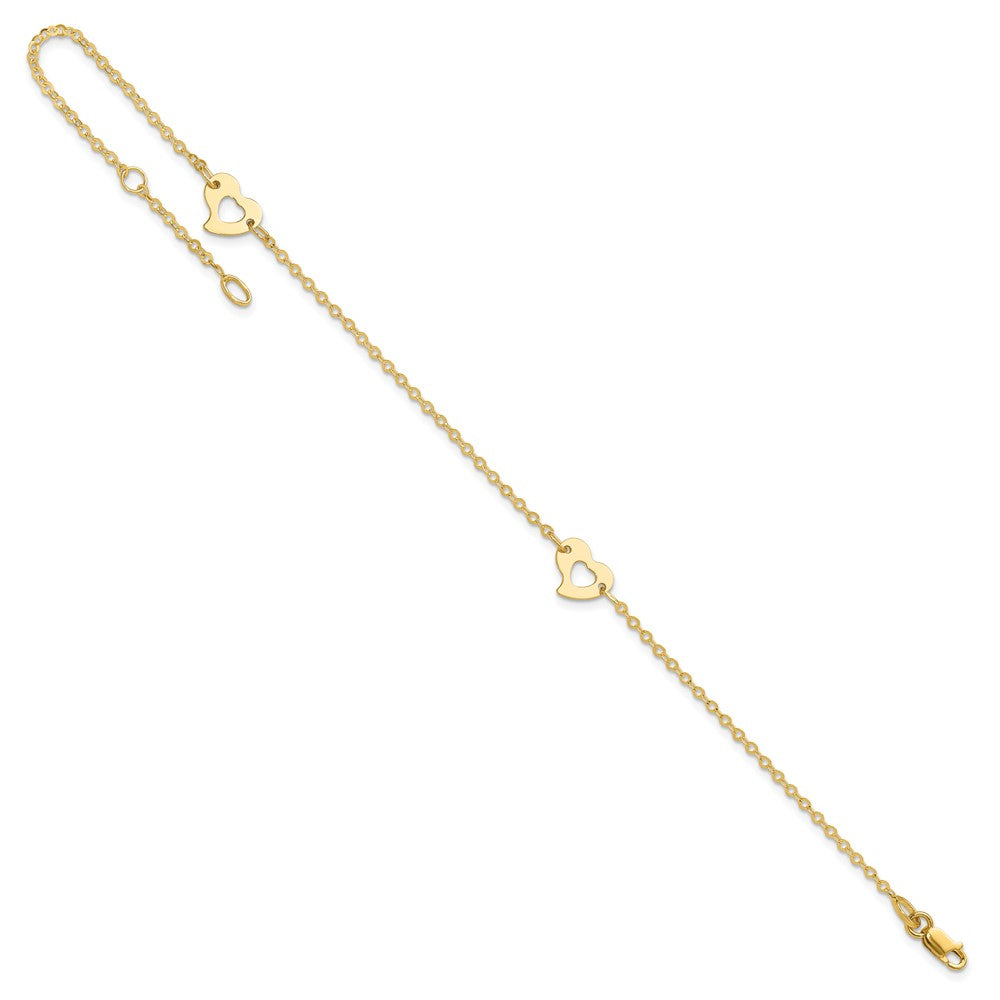 14K Yellow Gold Polished Heart 9in Plus 1in Ext Anklet