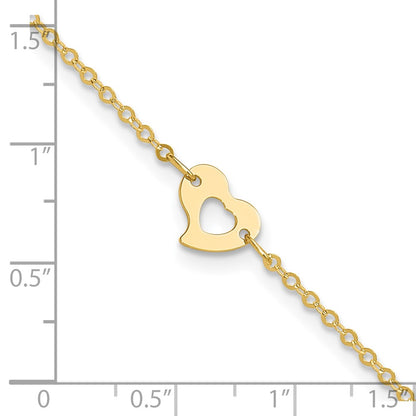 14K Yellow Gold Polished Heart 9in Plus 1in Ext Anklet