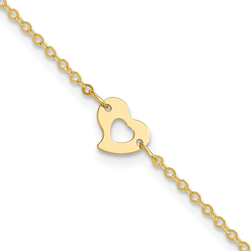 14K Yellow Gold Polished Heart 9in Plus 1in Ext Anklet