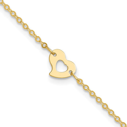 14K Yellow Gold Polished Heart 9in Plus 1in Ext Anklet