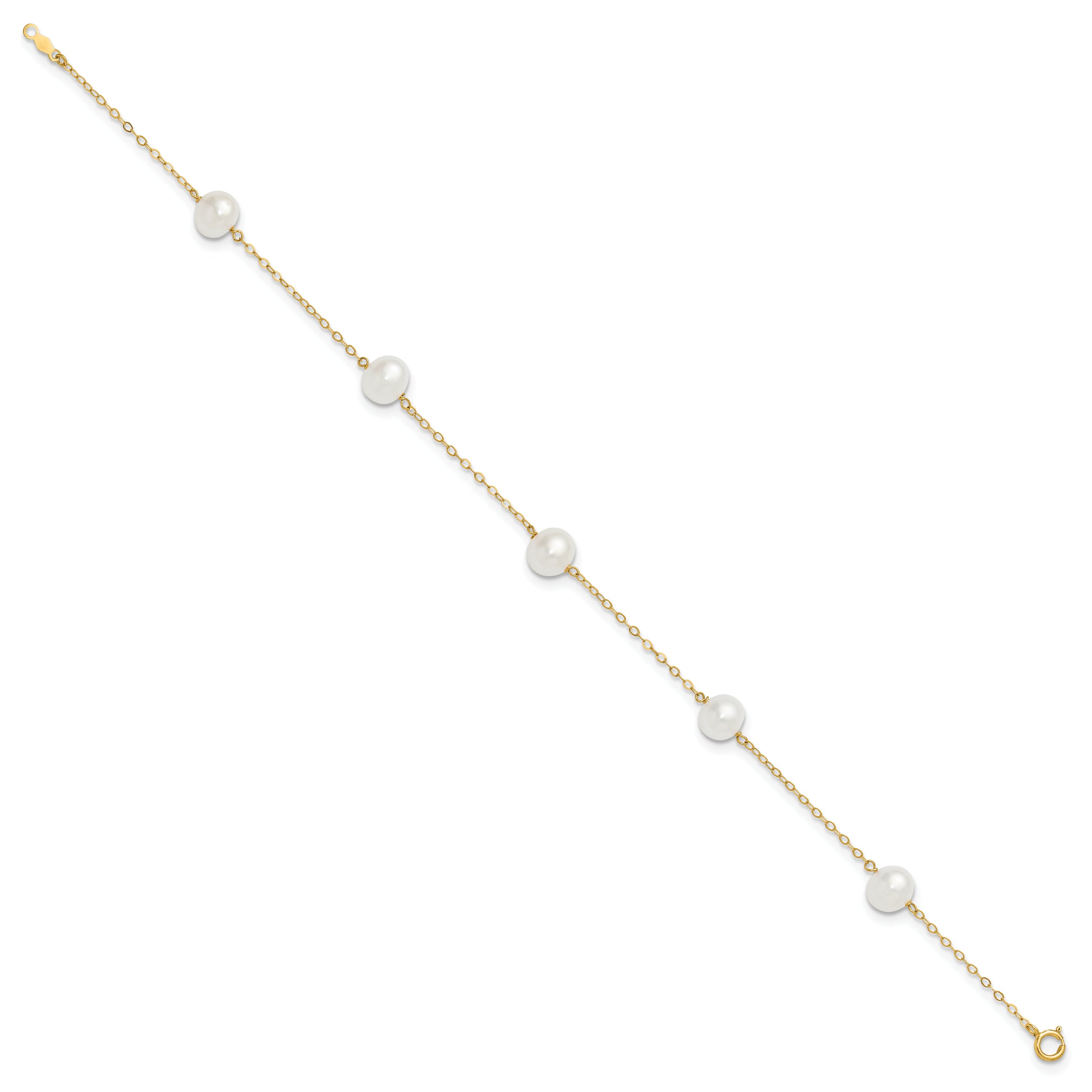 10K Yellow Gold 7-8mm White Near Round Freshwater Cultured Pearl 5-Station 10 Inch Anklet