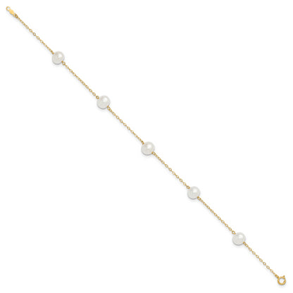 10K Yellow Gold 7-8mm White Near Round Freshwater Cultured Pearl 5-Station 10 Inch Anklet