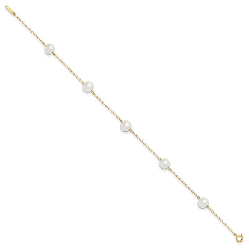 10K Yellow Gold 7-8mm White Near Round Freshwater Cultured Pearl 5-Station 10 Inch Anklet