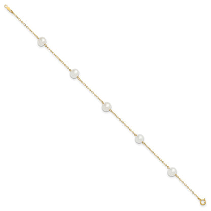 14K Yellow Gold 7-8mm White Near Round Freshwater Cultured Pearl 5-station 10in Anklet