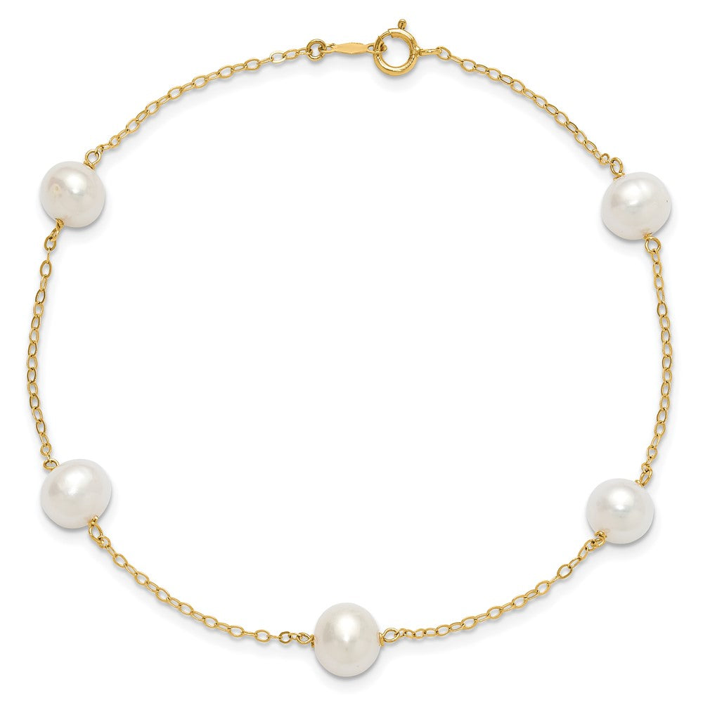 14K Yellow Gold 7-8mm White Near Round Freshwater Cultured Pearl 5-station 10in Anklet