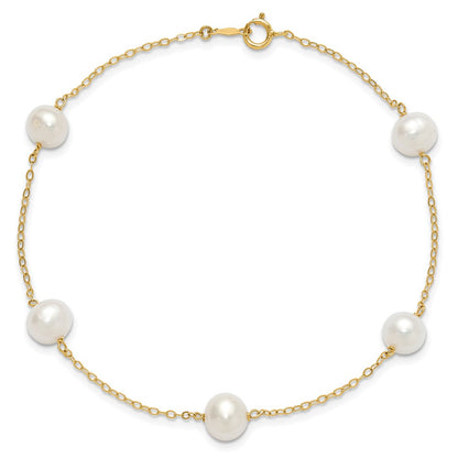 14K Yellow Gold 7-8mm White Near Round Freshwater Cultured Pearl 5-station 10in Anklet