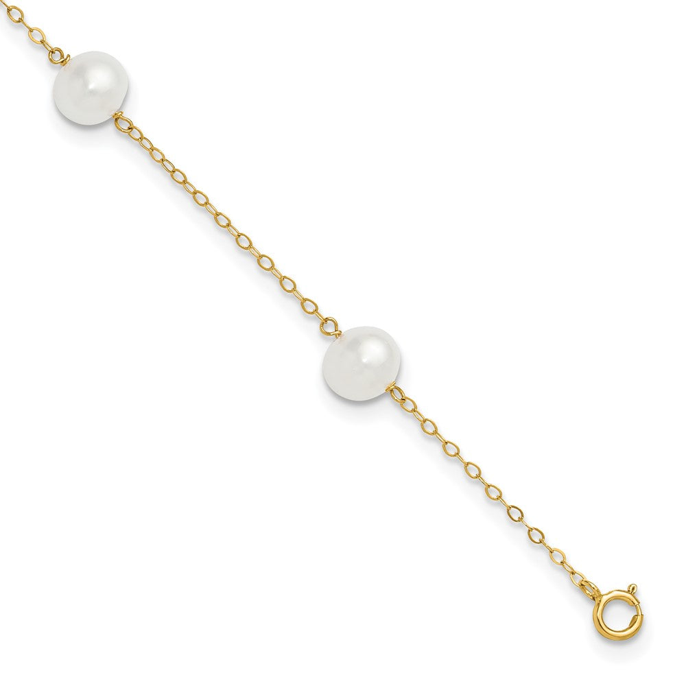 14K Yellow Gold 7-8mm White Near Round Freshwater Cultured Pearl 5-station 10in Anklet