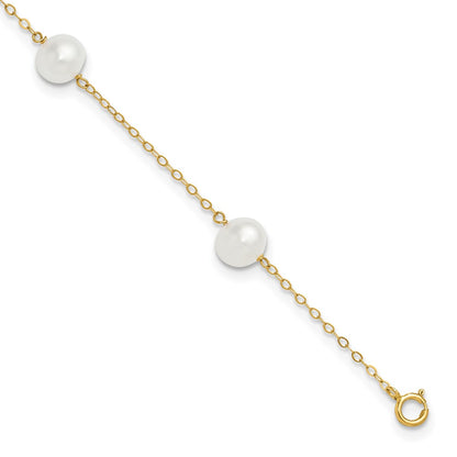 14K Yellow Gold 7-8mm White Near Round Freshwater Cultured Pearl 5-station 10in Anklet