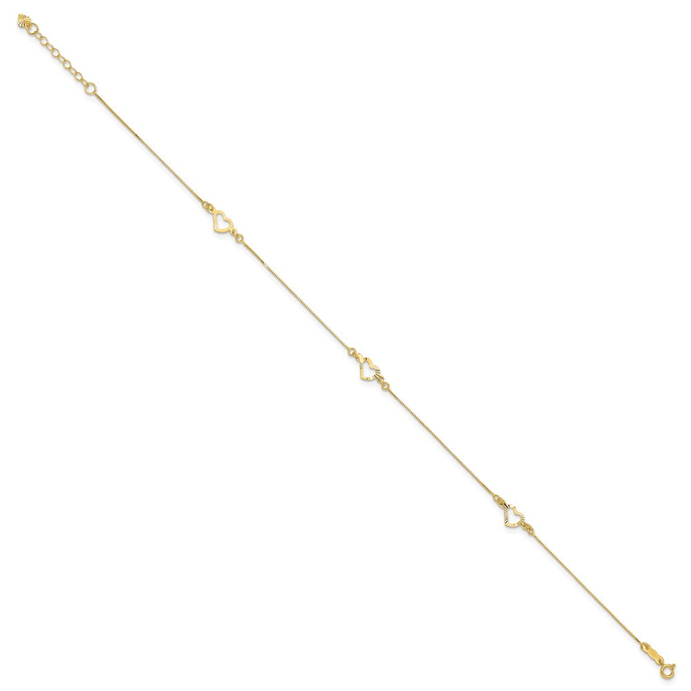 14K Yellow Gold Diamond-Cut Heart 10in Plus 1in Ext. Anklet