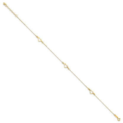 14K Yellow Gold Diamond-Cut Heart 10in Plus 1in Ext. Anklet
