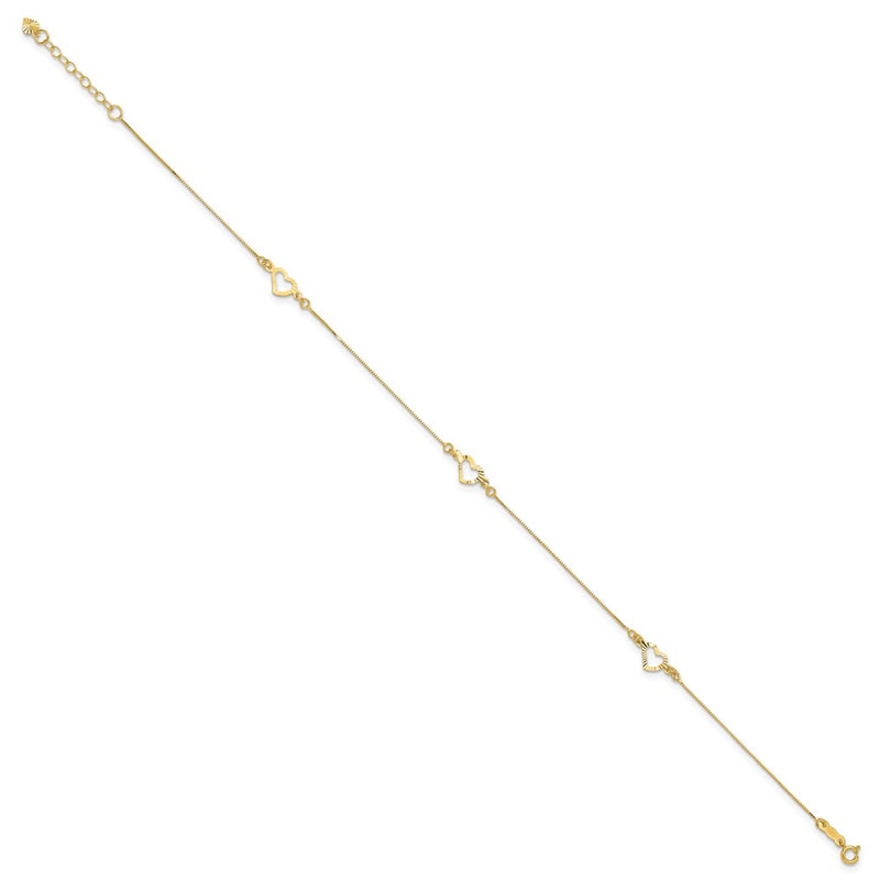 14K Yellow Gold Diamond-Cut Heart 10in Plus 1in Ext. Anklet