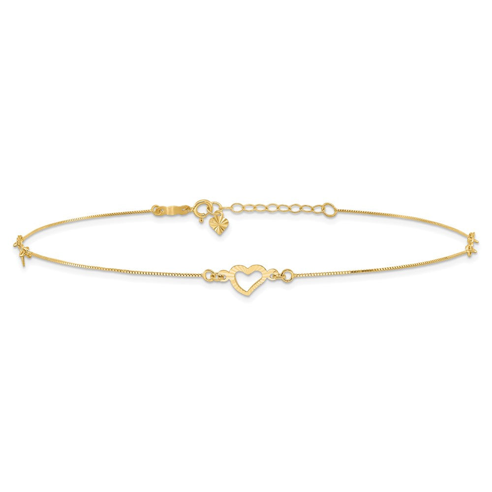 14K Yellow Gold Diamond-Cut Heart 10in Plus 1in Ext. Anklet
