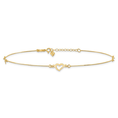 14K Yellow Gold Diamond-Cut Heart 10in Plus 1in Ext. Anklet