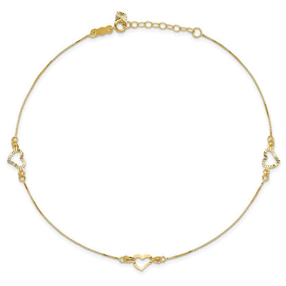 14K Yellow Gold Diamond-Cut Heart 10in Plus 1in Ext. Anklet