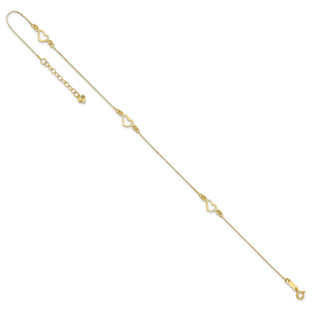 14K Yellow Gold Diamond-Cut Heart 10in Plus 1in Ext. Anklet