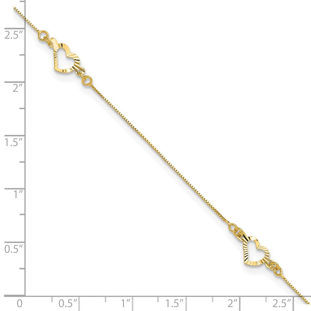 14K Yellow Gold Diamond-Cut Heart 10in Plus 1in Ext. Anklet