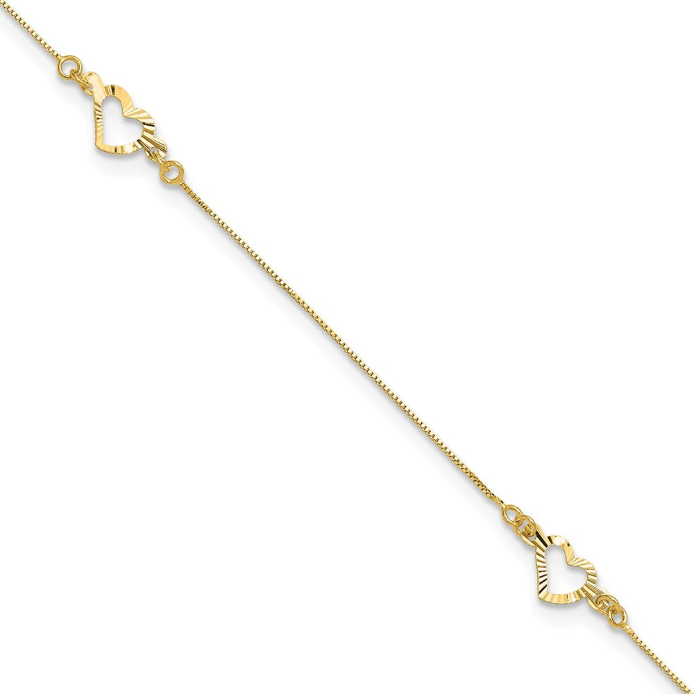 14K Yellow Gold Diamond-Cut Heart 10in Plus 1in Ext. Anklet
