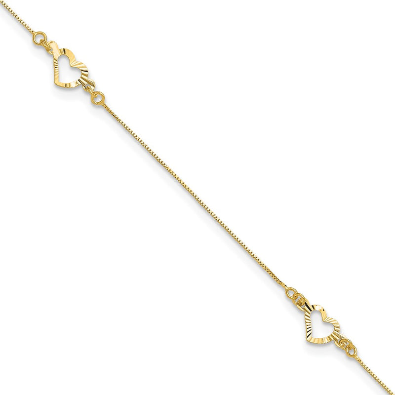 14K Yellow Gold Diamond-Cut Heart 10in Plus 1in Ext. Anklet