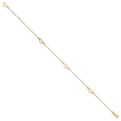 14K Yellow Gold Fancy Heart 10in Plus 1in Ext. Anklet