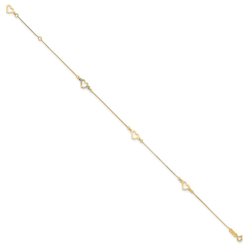 14K Yellow Gold Fancy Heart 10in Plus 1in Ext. Anklet