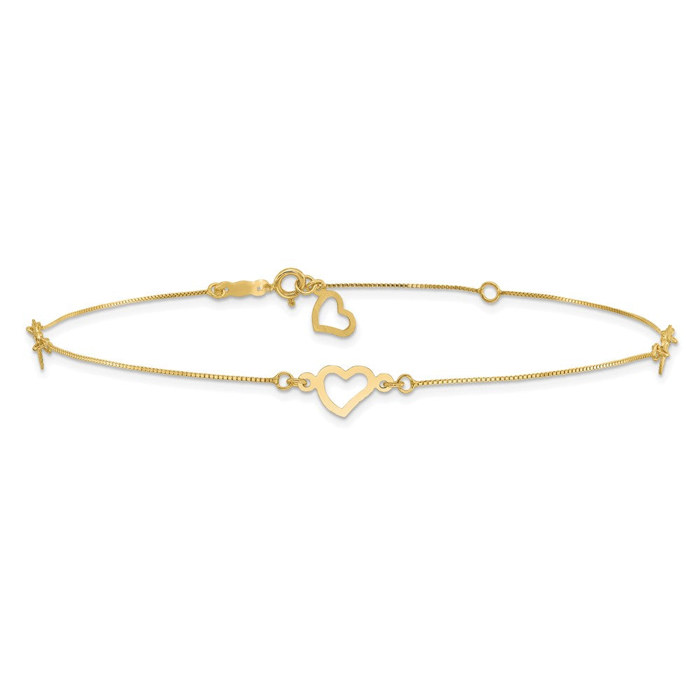 14K Yellow Gold Fancy Heart 10in Plus 1in Ext. Anklet