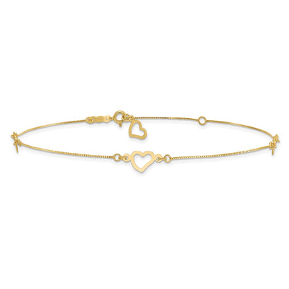 14K Yellow Gold Fancy Heart 10in Plus 1in Ext. Anklet