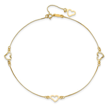 14K Yellow Gold Fancy Heart 10in Plus 1in Ext. Anklet
