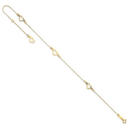 14K Yellow Gold Fancy Heart 10in Plus 1in Ext. Anklet