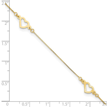 14K Yellow Gold Fancy Heart 10in Plus 1in Ext. Anklet