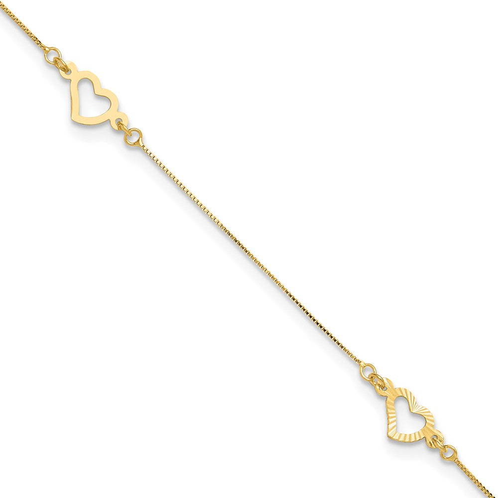 14K Yellow Gold Fancy Heart 10in Plus 1in Ext. Anklet