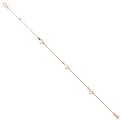 14K Rose Gold Adjustable Fancy Heart 9in Plus 1in Ext. Anklet