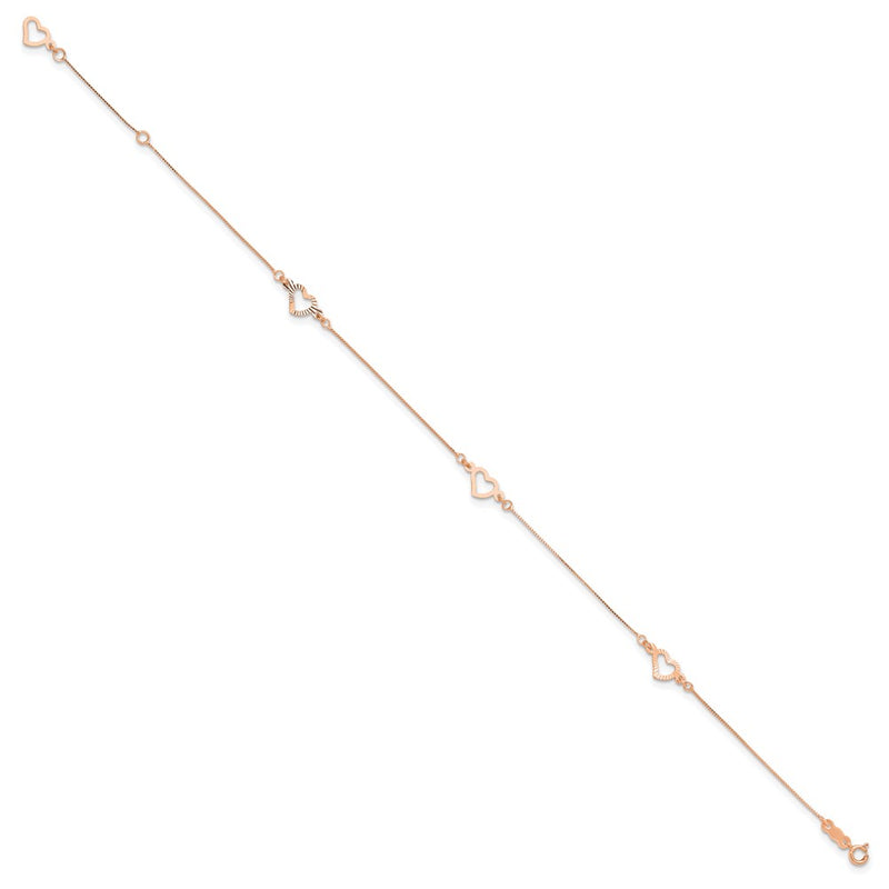 14K Rose Gold Adjustable Fancy Heart 9in Plus 1in Ext. Anklet