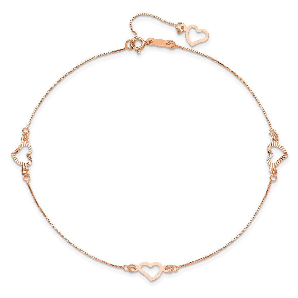 14K Rose Gold Adjustable Fancy Heart 9in Plus 1in Ext. Anklet
