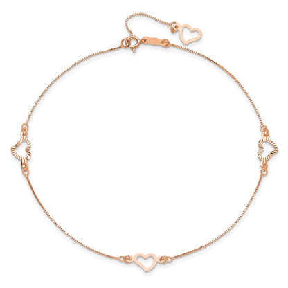 14K Rose Gold Adjustable Fancy Heart 9in Plus 1in Ext. Anklet