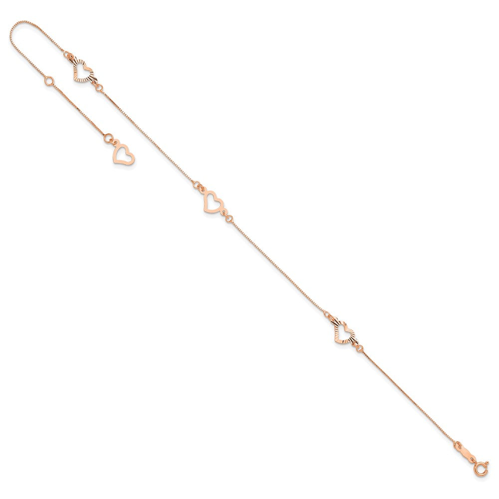 14K Rose Gold Adjustable Fancy Heart 9in Plus 1in Ext. Anklet