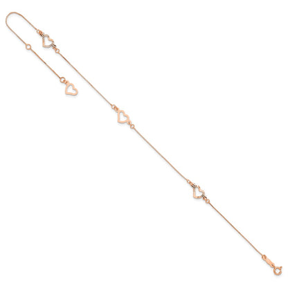 14K Rose Gold Adjustable Fancy Heart 9in Plus 1in Ext. Anklet