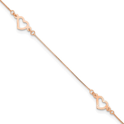 14K Rose Gold Adjustable Fancy Heart 9in Plus 1in Ext. Anklet
