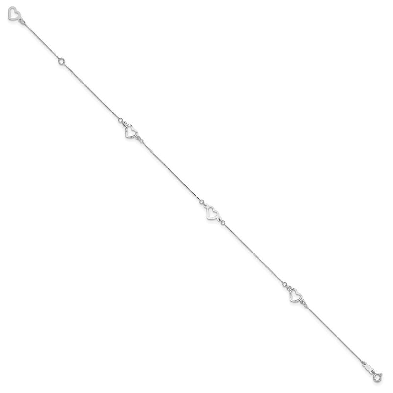 14K White Gold Fancy Heart 9in Plus 1in Ext. Anklet