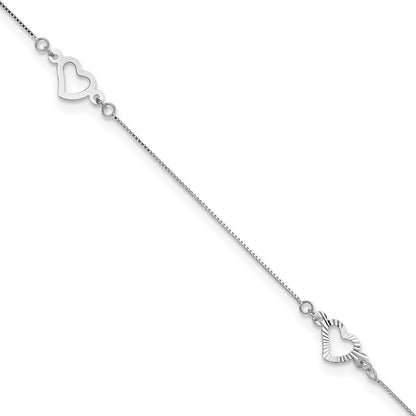 14K White Gold Fancy Heart 9in Plus 1in Ext. Anklet