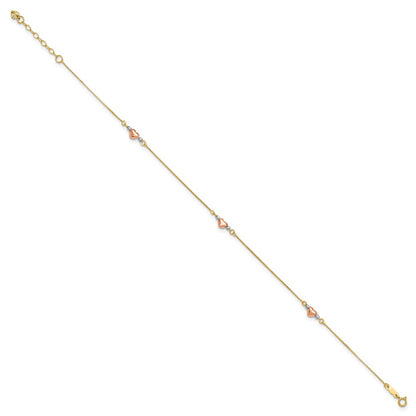 14K Tri-Color Puffed Heart 10in Plus 1in Ext Anklet