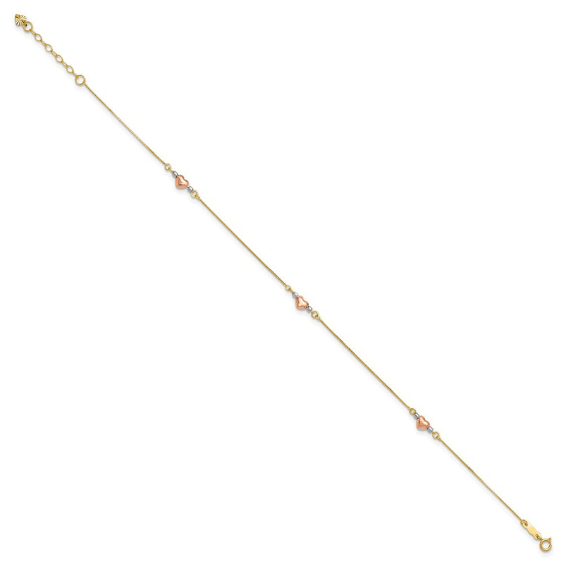 14K Tri-Color Puffed Heart 10in Plus 1in Ext Anklet