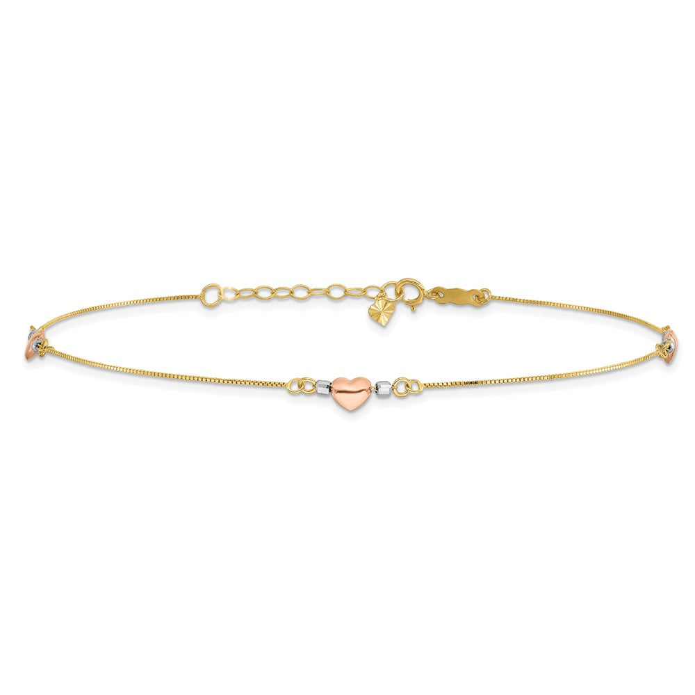 14K Tri-Color Puffed Heart 10in Plus 1in Ext Anklet
