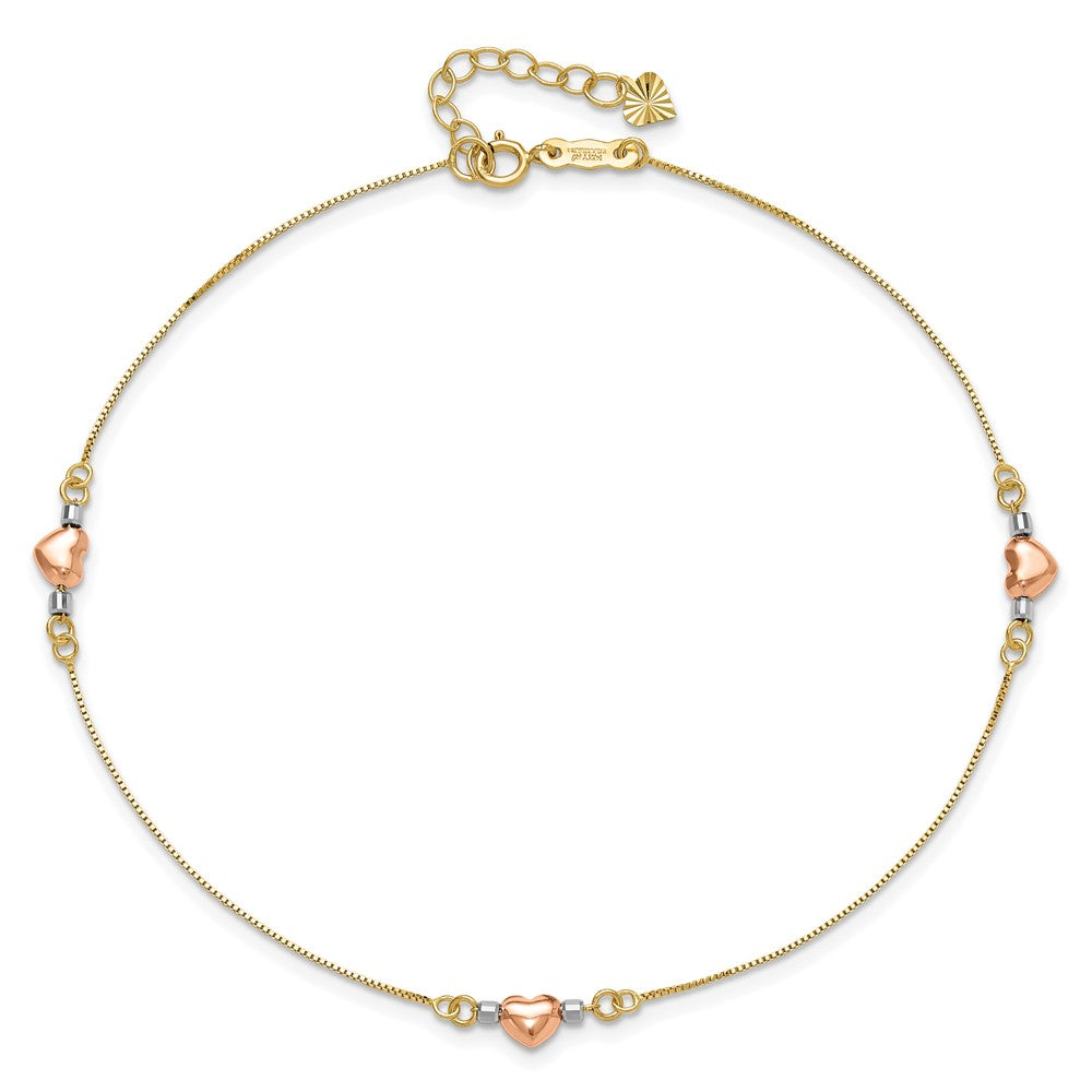 14K Tri-Color Puffed Heart 10in Plus 1in Ext Anklet