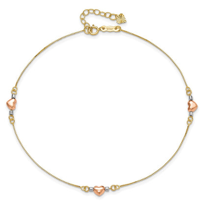14K Tri-Color Puffed Heart 10in Plus 1in Ext Anklet