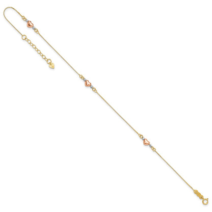 14K Tri-Color Puffed Heart 10in Plus 1in Ext Anklet