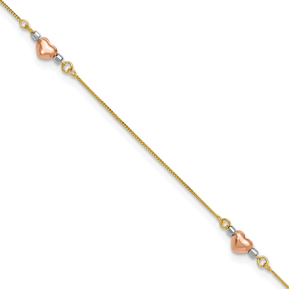 14K Tri-Color Puffed Heart 10in Plus 1in Ext Anklet