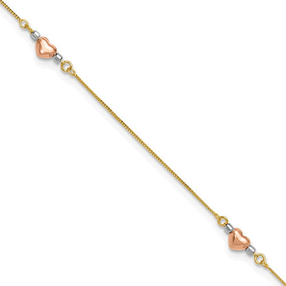 14K Tri-Color Puffed Heart 10in Plus 1in Ext Anklet