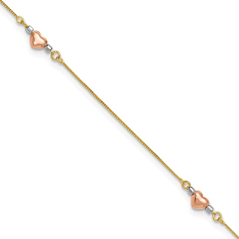 14K Tri-Color Puffed Heart 10in Plus 1in Ext Anklet