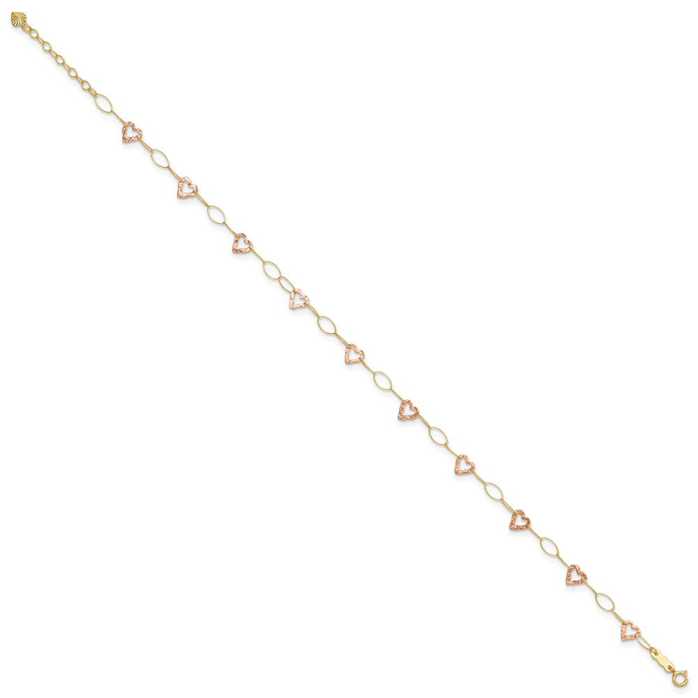 14K Two-Tone Adjustable Heart 9in Plus 1in Extension Anklet