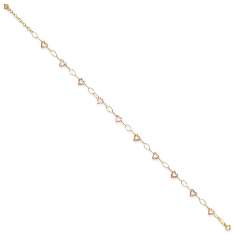 14K Two-Tone Adjustable Heart 9in Plus 1in Extension Anklet